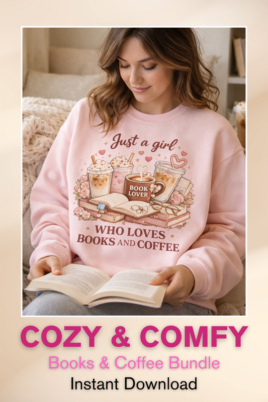 Woman wearing a pink sweatshirt with "Just a girl who loves book and coffee" design, holding a book, sitting on a couch, on a beige background.