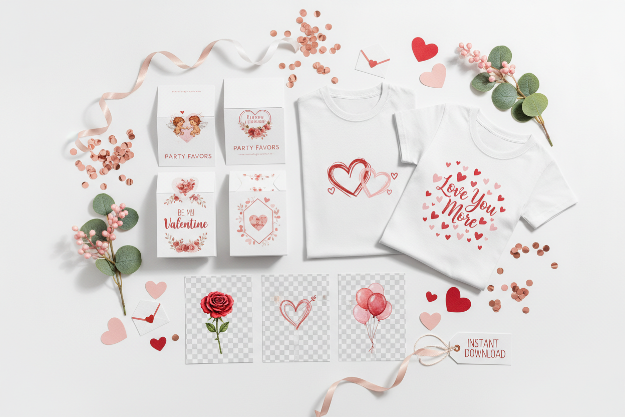 Create an image that represents valentine's digital products. Those products include party favor mockups, tshirt designs, and PNGs. These are all flat lay images that are presented to let people know they can instantly download and use. The background is white and have hints of Valentine's decor (hearts, confetti, etc)