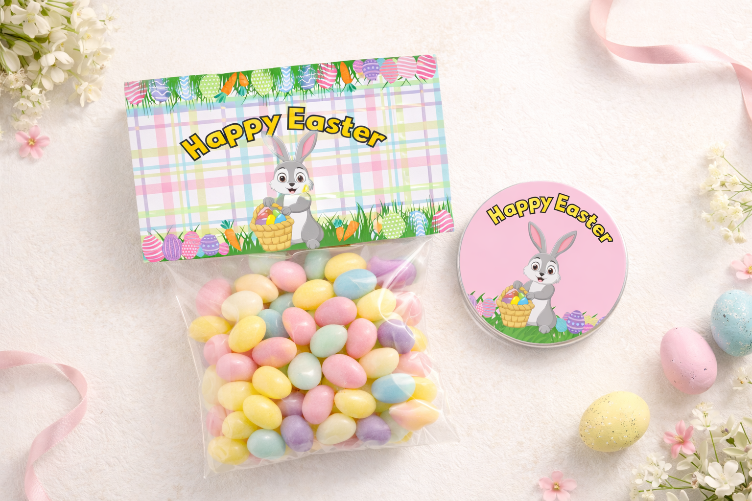 Easter-themed candy bag, and button, and eggs on a decorative background with flowers.