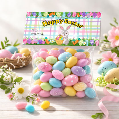 Bag of pastel Easter eggs with a decorative label on a wooden surface with flowers and eggs.