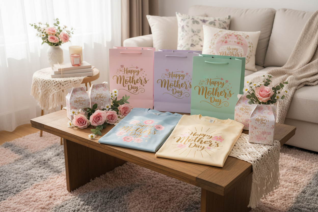 Decorative items on a coffee table with 'Happy Mother's Day' bags and flowers in a home setting.