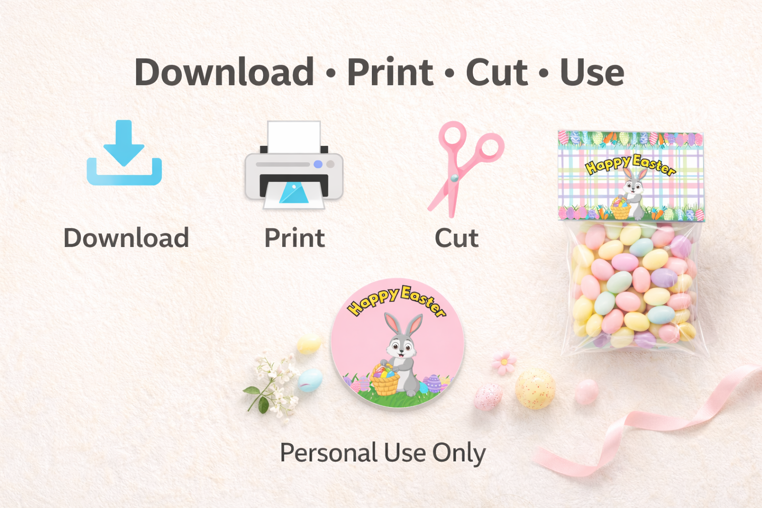 Easter-themed items with 'Download', 'Print', 'Cut', and 'Use' text on a light background.