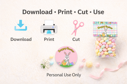 Easter-themed items with 'Download', 'Print', 'Cut', and 'Use' text on a light background.