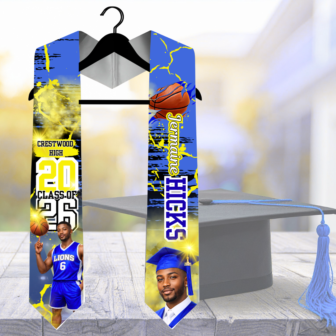 Blue & Gold Graduation stole with personalized text and images for Class of 2026