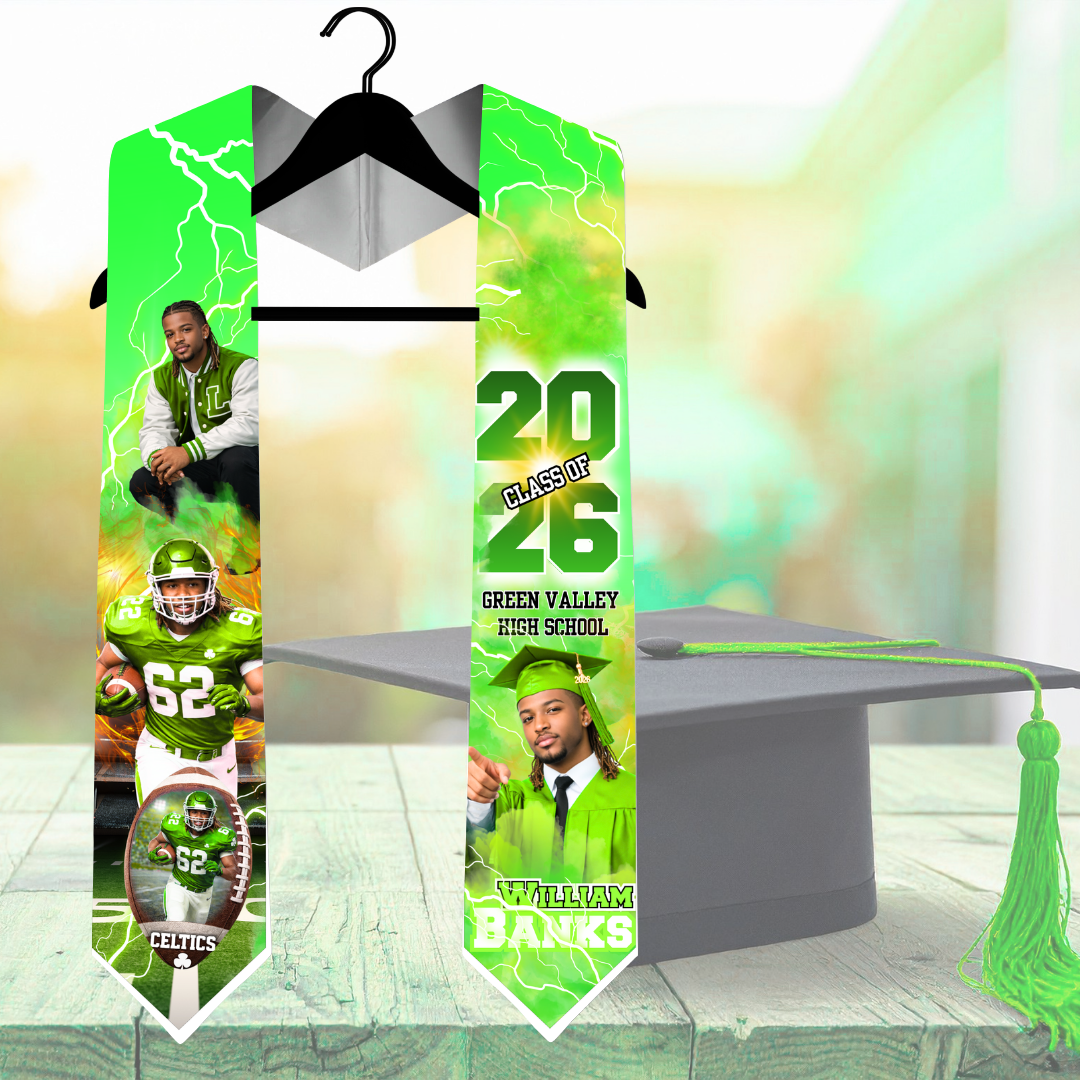 Green & White Graduation stole with personalized text and images for Class of 2026