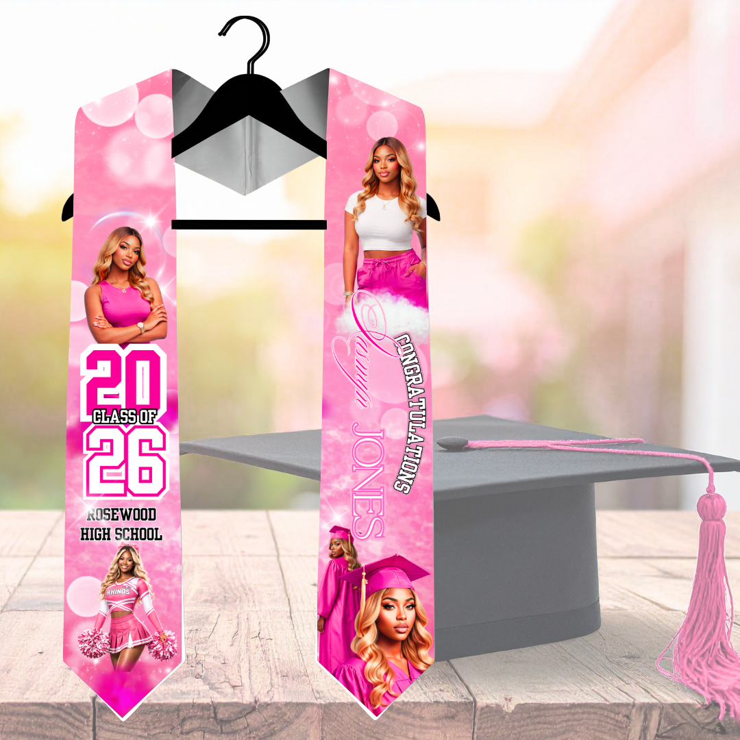 Pink & White Graduation stole with personalized text and images for Class of 2026