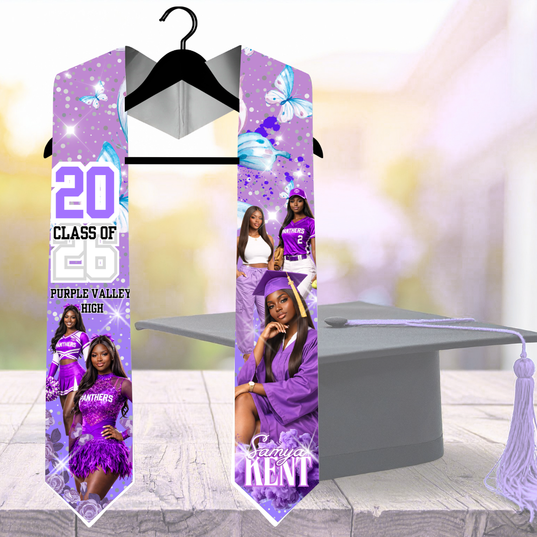 Purple & White Graduation stole with personalized text and images for Class of 2026