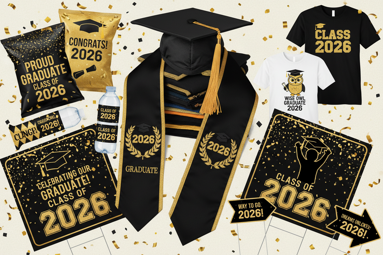 Graduation-themed products with 'Proud Graduate Class of 2026' text on a gold confetti background.